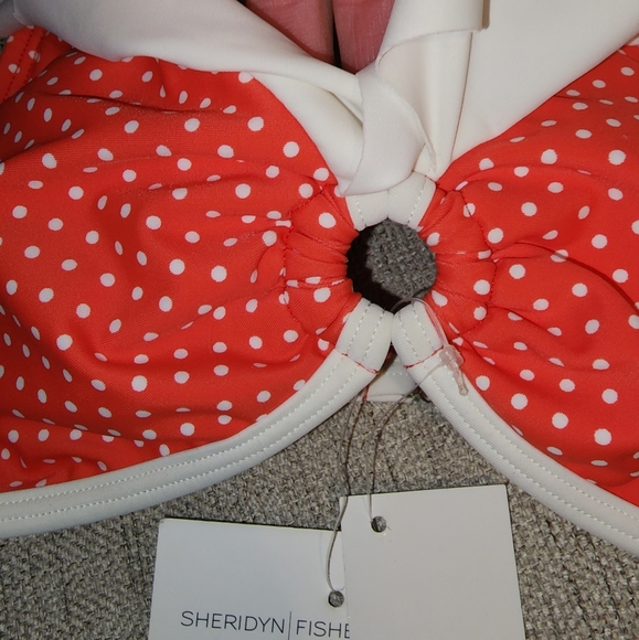 New Sheridyn Fisher Swimwear Bikini Top coral polka dot ruffle 11" across bottom - Picture 6 of 11